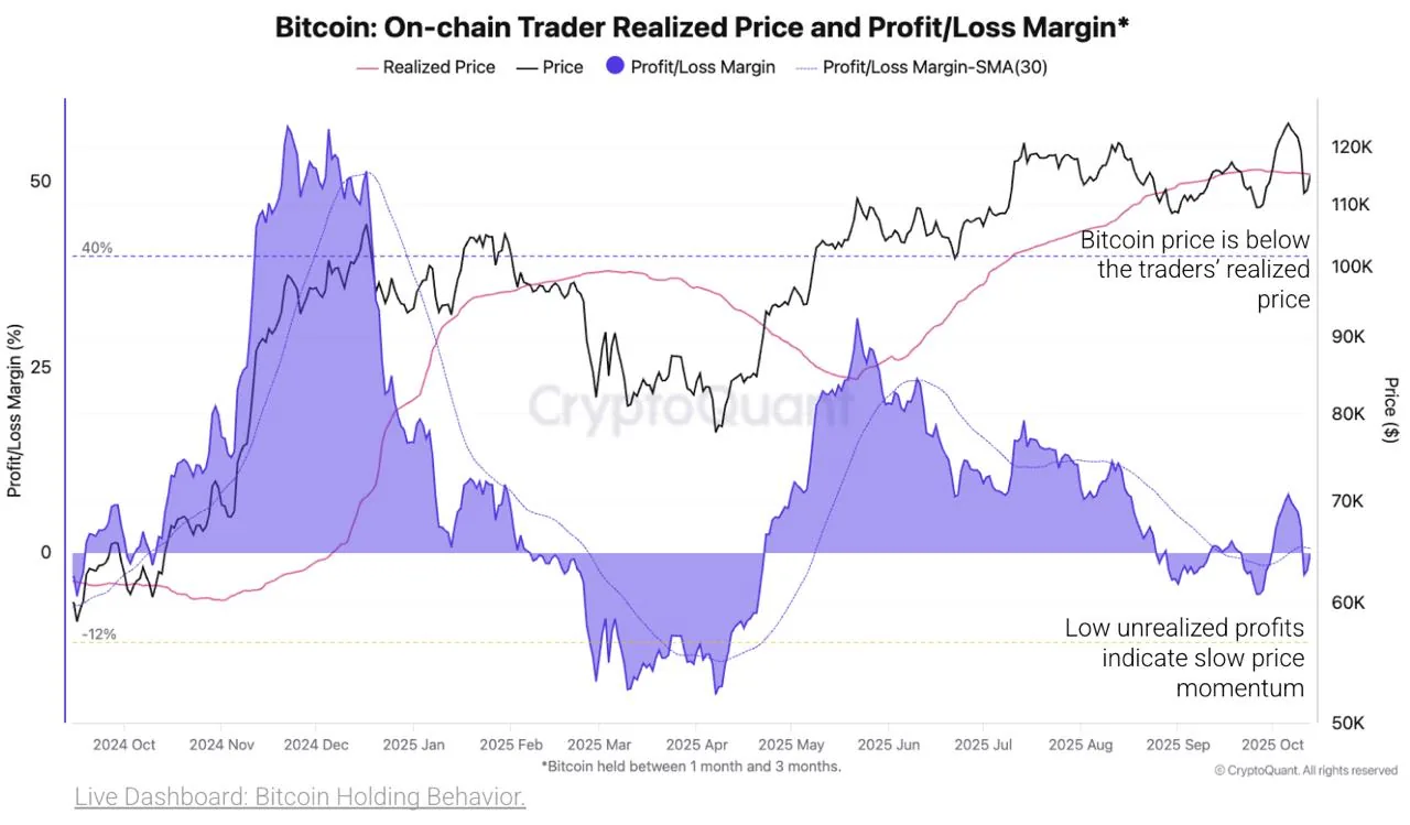 Bitcoin on-chain trader realized price and profit or loss margin chart, used as context for ASIC miner decisions