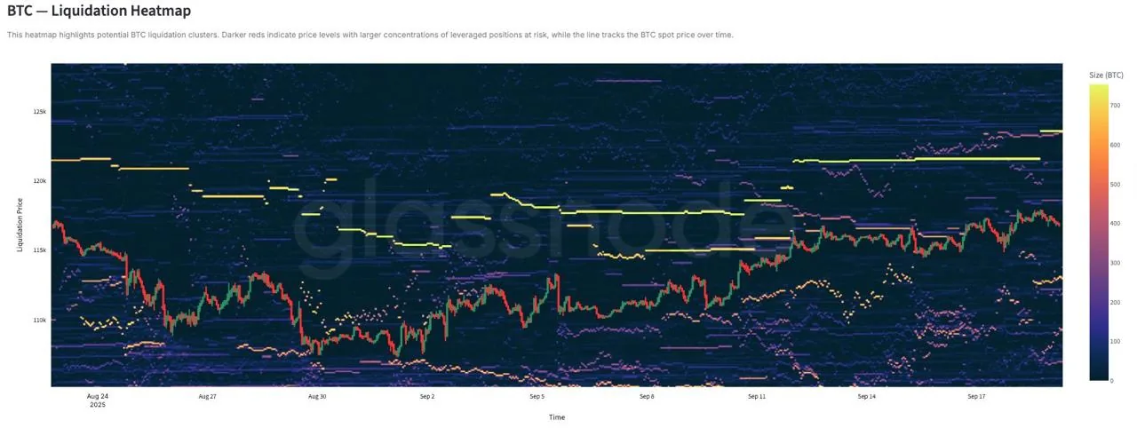 BTC liquidation heatmap chart showing August–September 2025 activity