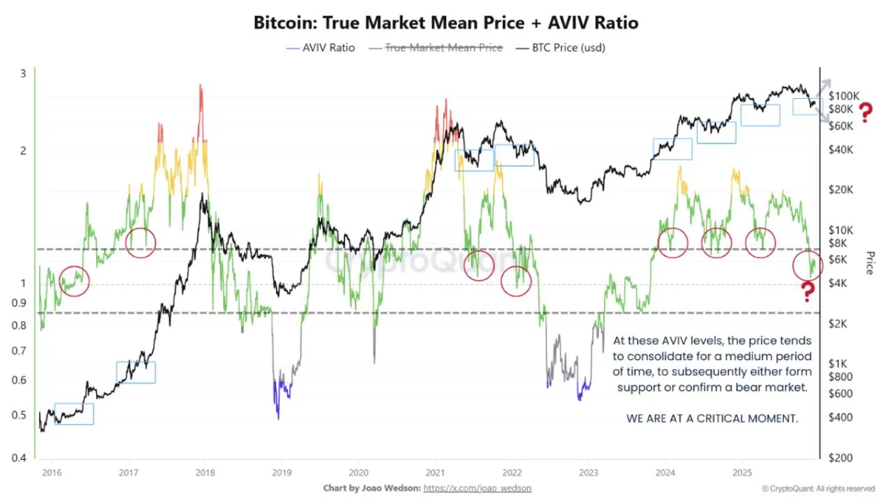Bitcoin AVIV Ratio chart showing true market mean price and BTC price over time