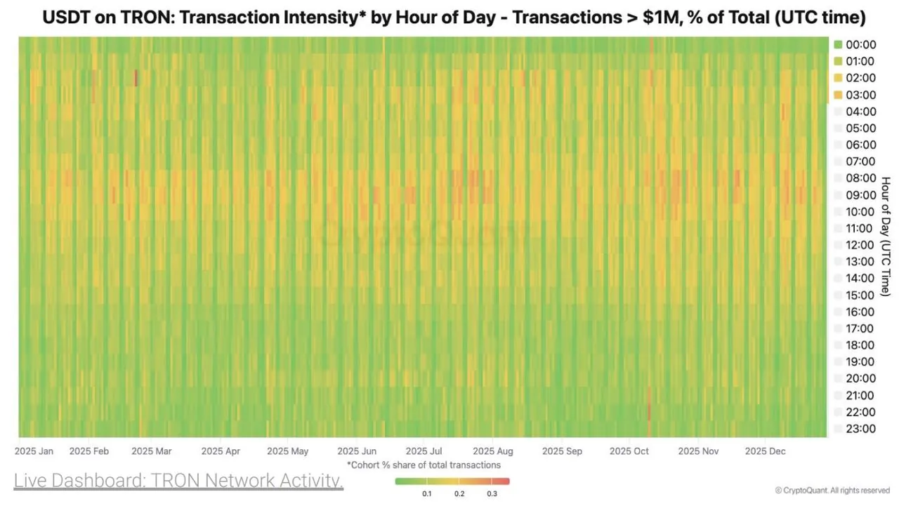Dashboard chart of USDT on TRON transaction intensity by hour of day for large transfers over $1M